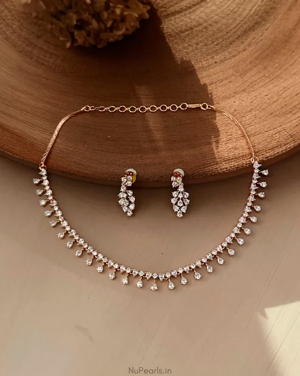 18k_Rose_Gold_Plated_Azin_American_Diamond_Necklace_Set_For_Women_With_Earrings
