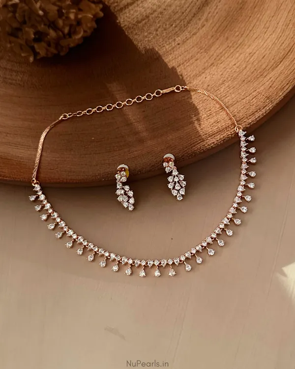 18k_Rose_Gold_Plated_Azin_American_Diamond_Necklace_Set_For_Women_With_Earrings