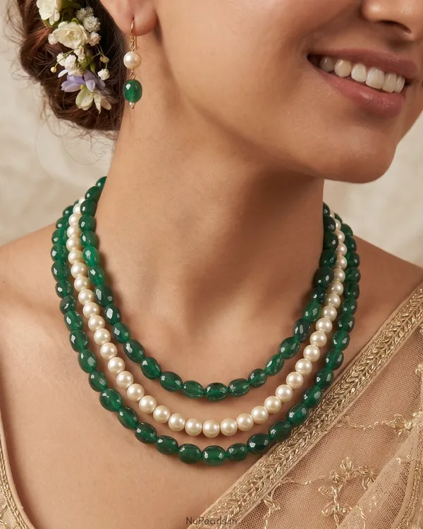Emerald_Green_Sophia_Pearl_&_Stone_3_Layer_Necklace_For_Women