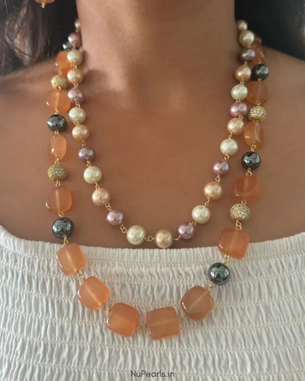 Orange_Samah_Double_Layer_Handmade_Pearl_&_Stone_Mala_With_Earrings