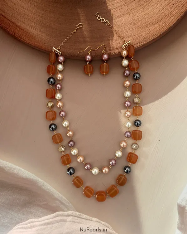 Orange_Samah_Double_Layer_Handmade_Pearl_&_Stone_Mala_With_Earrings