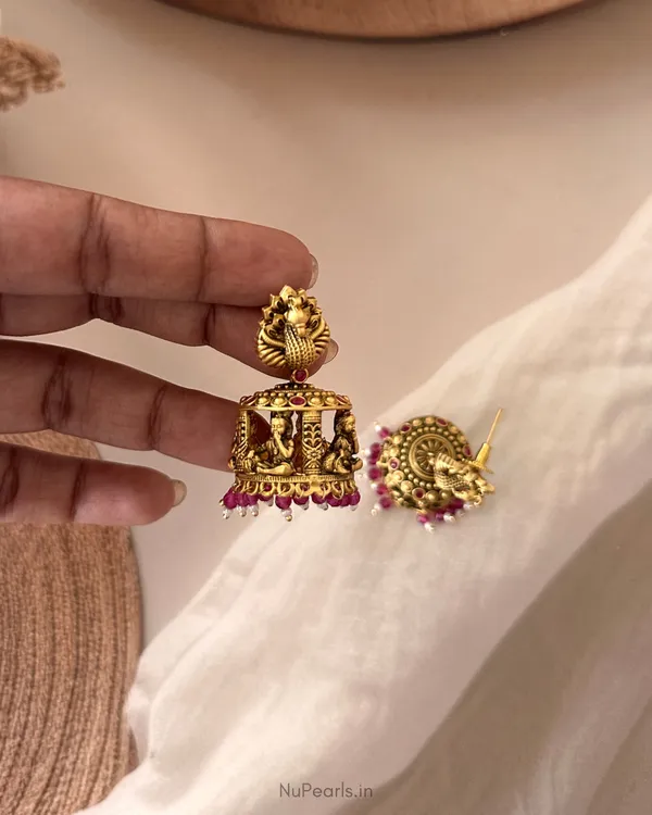 Harini_Temple_Krishna_Jhumka_Earrings_with_Ruby_Beads_|Antique_Gold_Finish