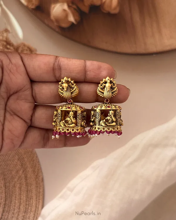 Harini_Temple_Krishna_Jhumka_Earrings_with_Ruby_Beads_|Antique_Gold_Finish