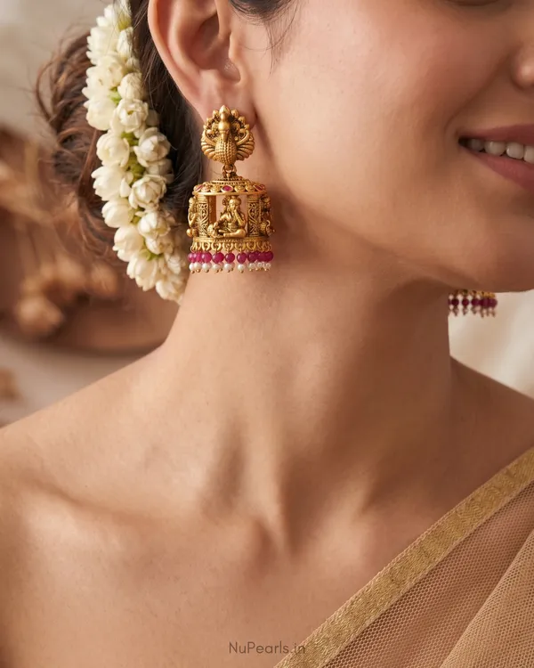 Harini_Temple_Krishna_Jhumka_Earrings_with_Ruby_Beads_|Antique_Gold_Finish
