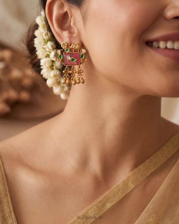 Sapna_Temple_Bird_&_Elephant_Earrings_with_Pink_Stone_&_Ghunghroo_|Antique_Gold_Finish