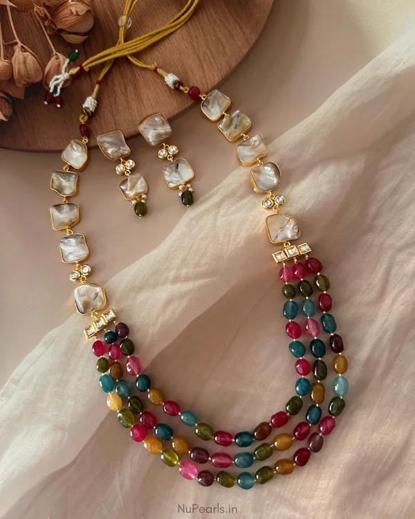 Rangrez_3_Layered_Multicolour_Mother_Of_Pearl_Long_Necklace_Set_|18K_Gold_Plated