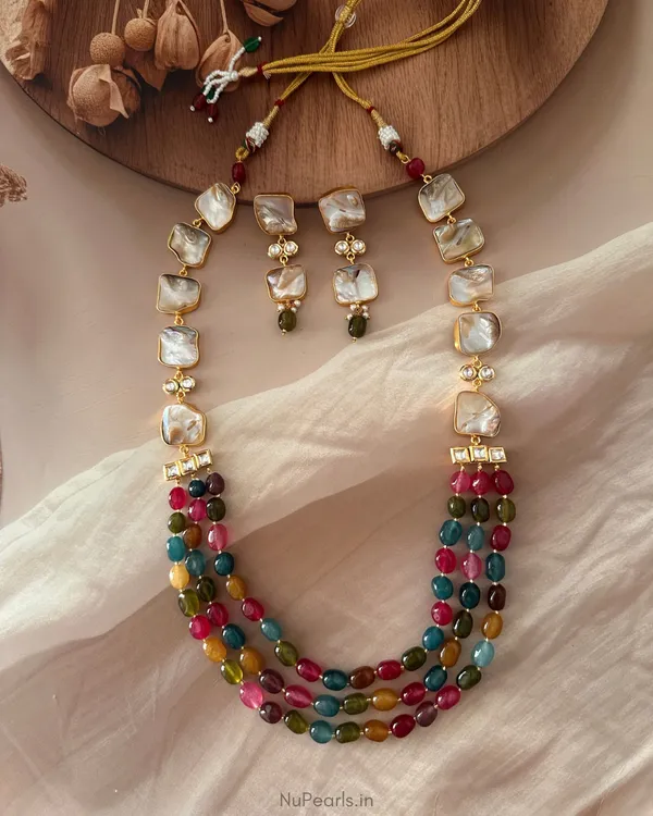 Rangrez_3_Layered_Multicolour_Mother_Of_Pearl_Long_Necklace_Set_|18K_Gold_Plated