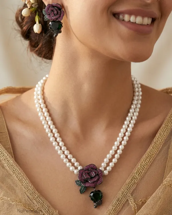 Rani_Pink-Green_Rose_Pearl_Necklace_With_AD_Back_Clasp_&_Matching_Earrings_|Black_Polish