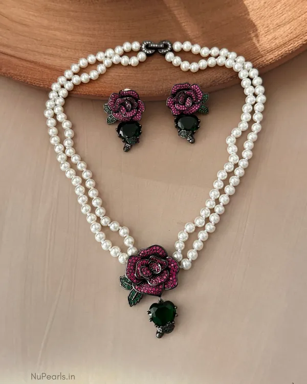 Rani_Pink-Green_Rose_Pearl_Necklace_With_AD_Back_Clasp_&_Matching_Earrings_|Black_Polish