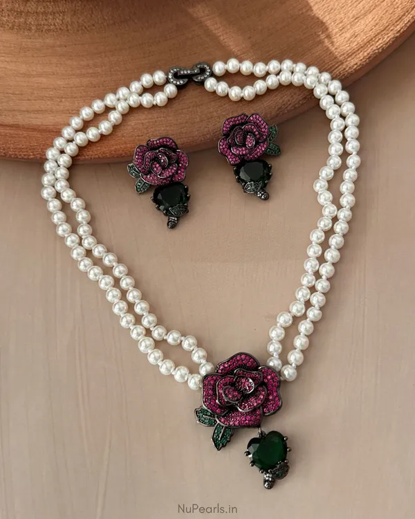Rani_Pink-Green_Rose_Pearl_Necklace_With_AD_Back_Clasp_&_Matching_Earrings_|Black_Polish