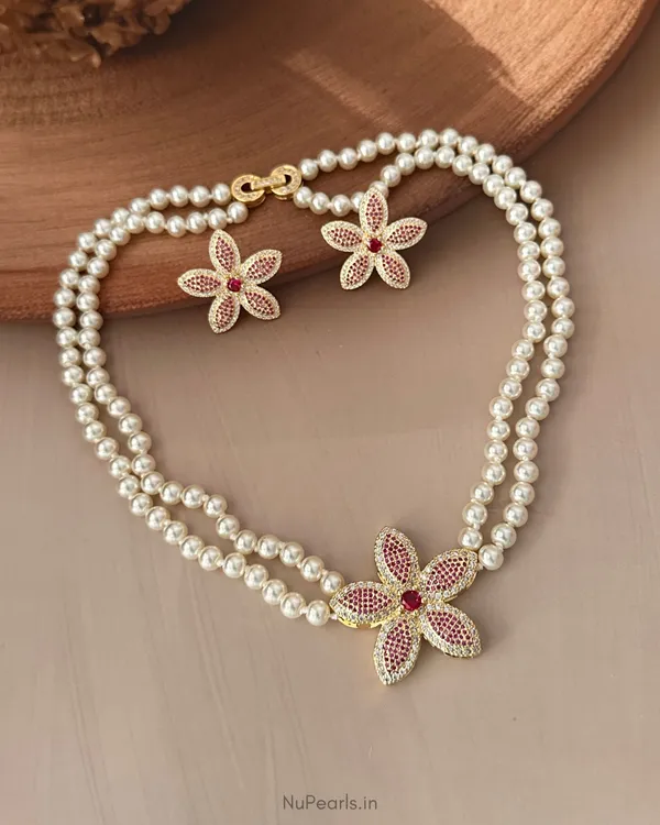 Rani_Pink_Ruhani_AD_Pearl_Necklace_With_AD_Back_Clasp_&_Matching_Earrings_|18K_Gold_Plated