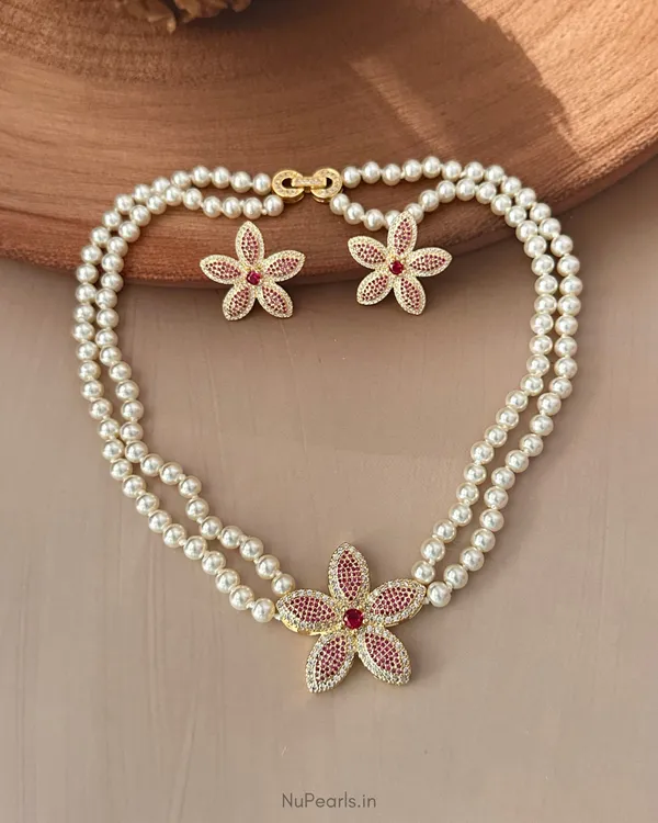 Rani_Pink_Ruhani_AD_Pearl_Necklace_With_AD_Back_Clasp_&_Matching_Earrings_|18K_Gold_Plated