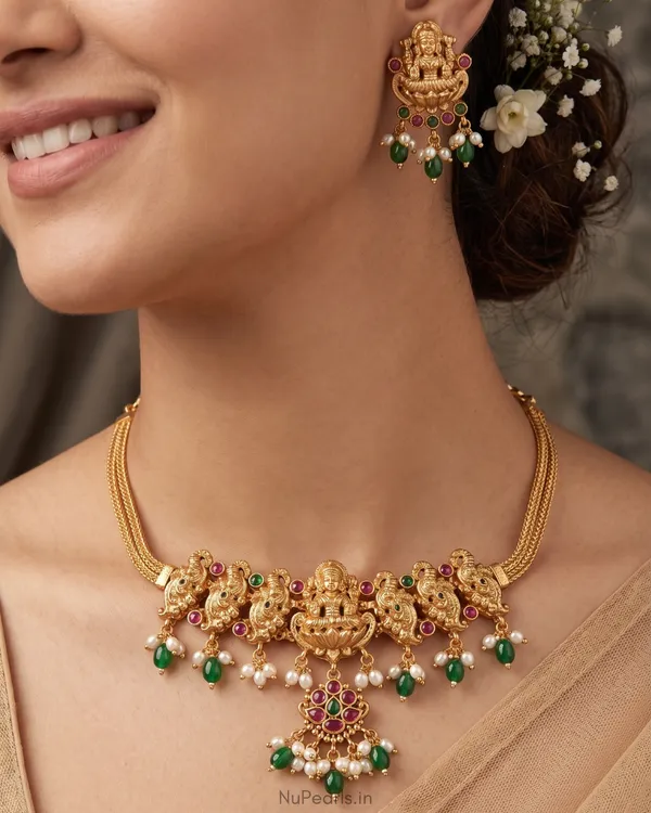 Red_Green_Aavya_Lakshmi_Temple_Necklace|Choker_Set_With_Earrings
