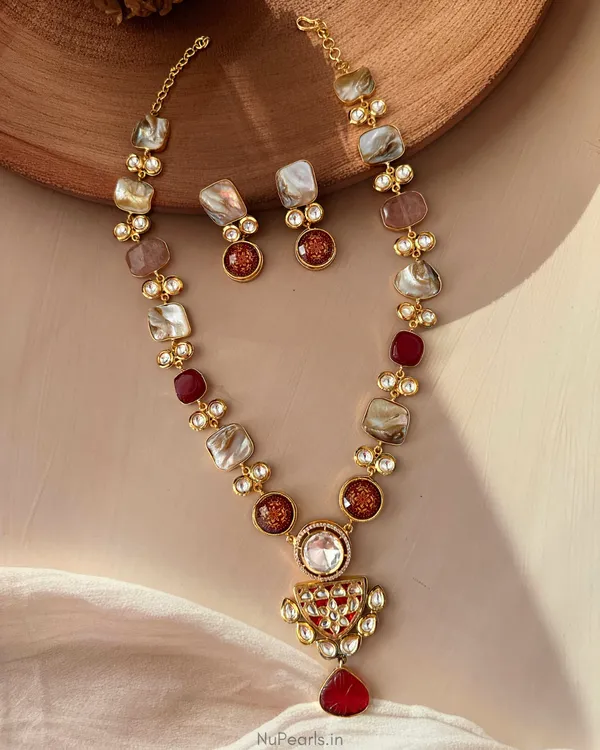 Red_Rajvi_Designer_Mother_Of_Pearl_&_Kundan_Long_Pendant_Set|Handmade_18K_Gold_Plated_Necklace
