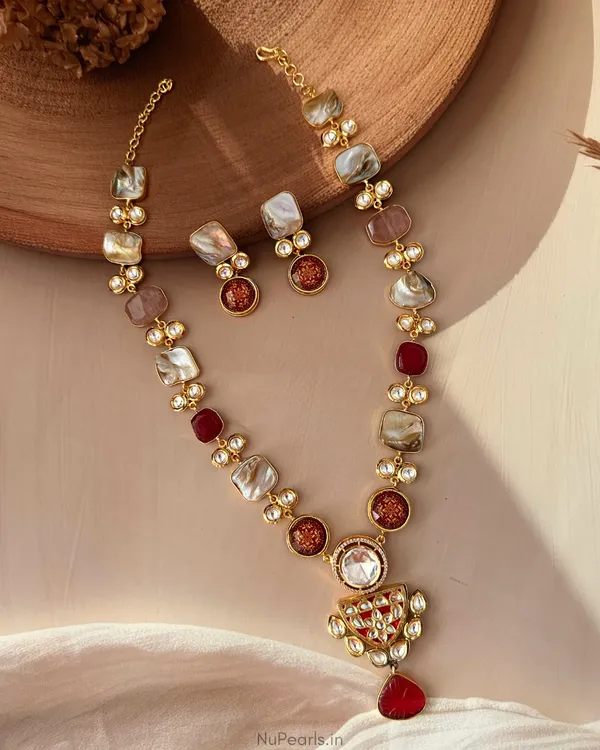 Red_Rajvi_Designer_Mother_Of_Pearl_&_Kundan_Long_Pendant_Set|Handmade_18K_Gold_Plated_Necklace