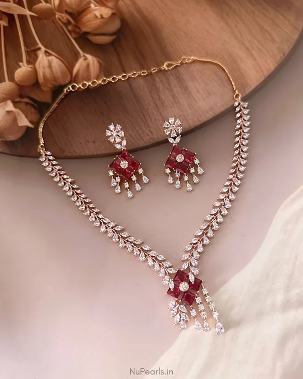 Red_Sehaj_American_Diamond_Necklace_With_Earrings_|18K_Rose_Gold_Plated