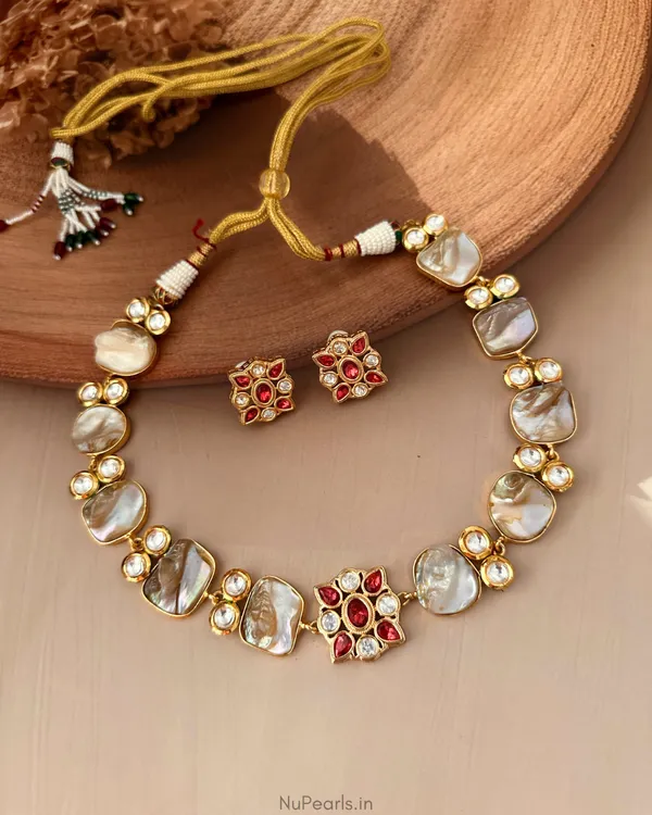 Red_Ziva_Mother_Of_Pearl_&_Kundan_Choker|18k_Gold_Plated_Necklace_Set
