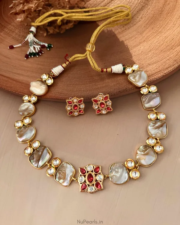 Red_Ziva_Mother_Of_Pearl_&_Kundan_Choker|18k_Gold_Plated_Necklace_Set
