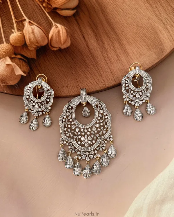 Rehar_Gold-Silver_CZ_Designer_Pendant_Set_With_Chain|Screw_Back_Earrings