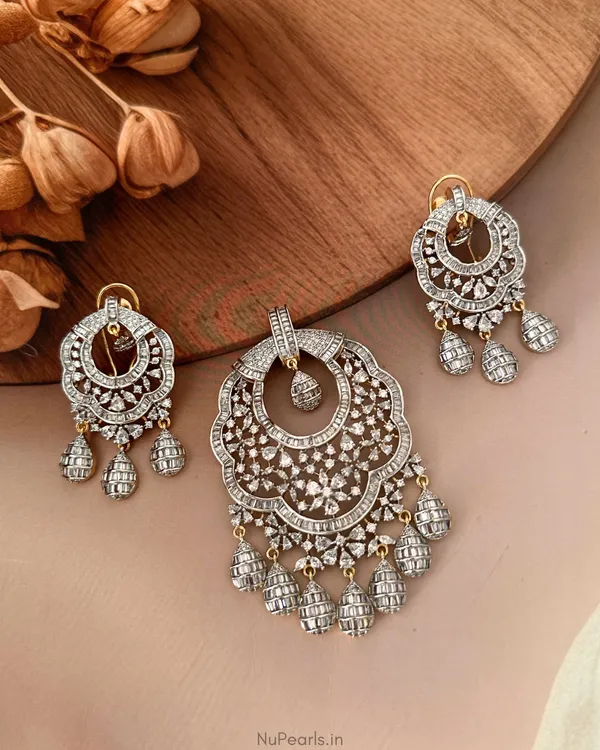 Rehar_Gold-Silver_CZ_Designer_Pendant_Set_With_Chain|Screw_Back_Earrings