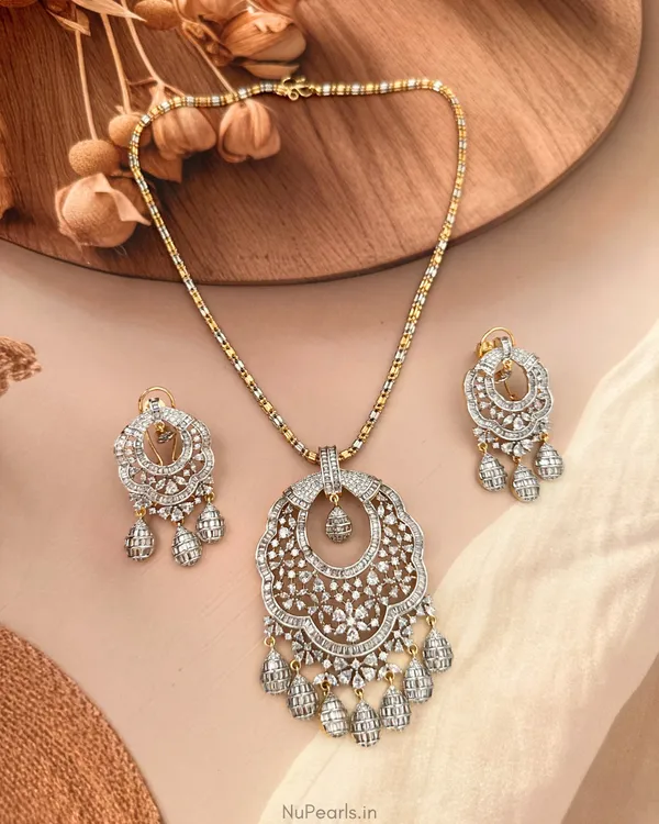 Rehar_Gold-Silver_CZ_Designer_Pendant_Set_With_Chain|Screw_Back_Earrings