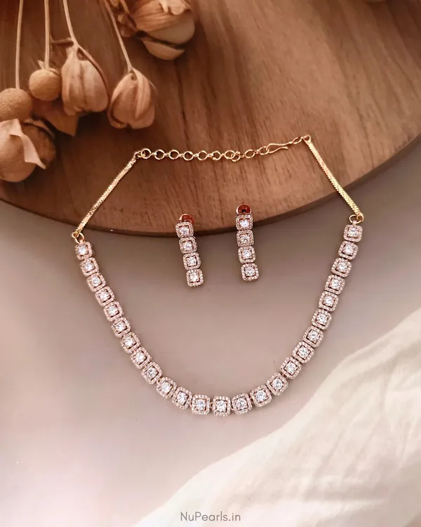 Rose_Gold_Arzoo_Cushion_Cut_American_Diamond_Necklace_Set|_18k_Rose_Gold_Plated