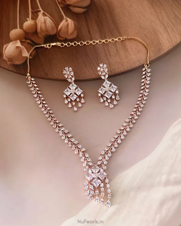 Rose_Gold_Sehaj_American_Diamond_Necklace_With_Earrings_|18K_Rose_Gold_Plated