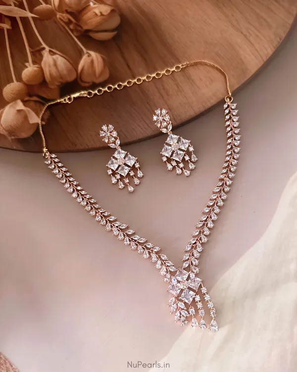 Rose_Gold_Sehaj_American_Diamond_Necklace_With_Earrings_|18K_Rose_Gold_Plated