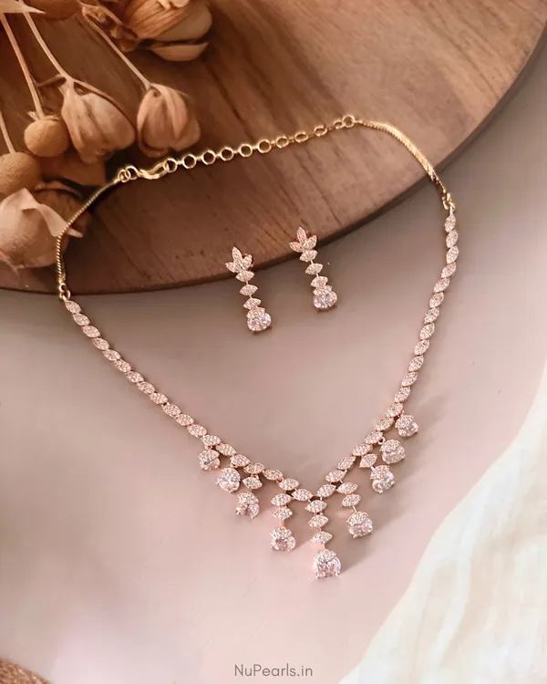Rose_Gold_Simreet_American_Diamond_Drop_Necklace_Set|_18k_Rose_Gold_Plated