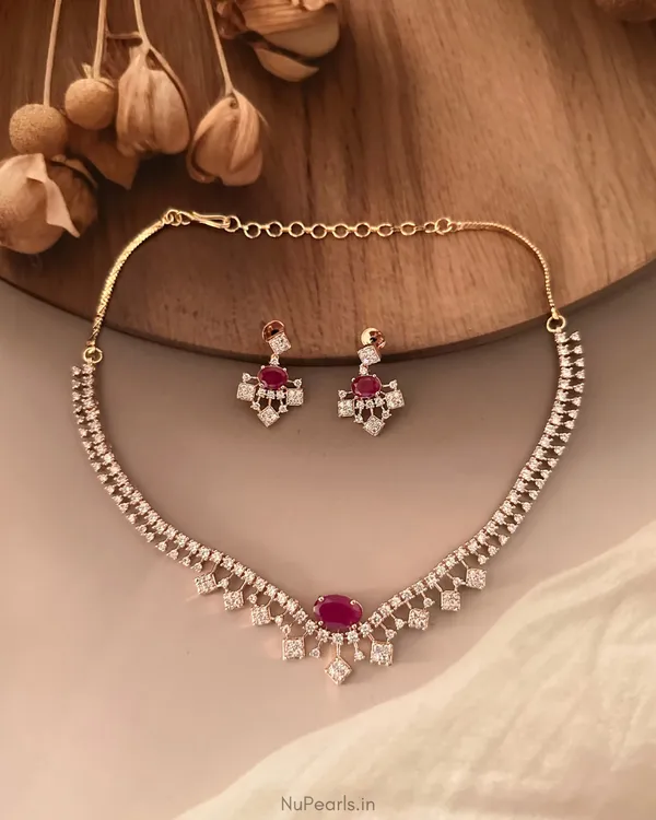Ruby_Red_Rabneet_American_Diamond_Necklace_Set|_18k_Rose_Gold_Plated