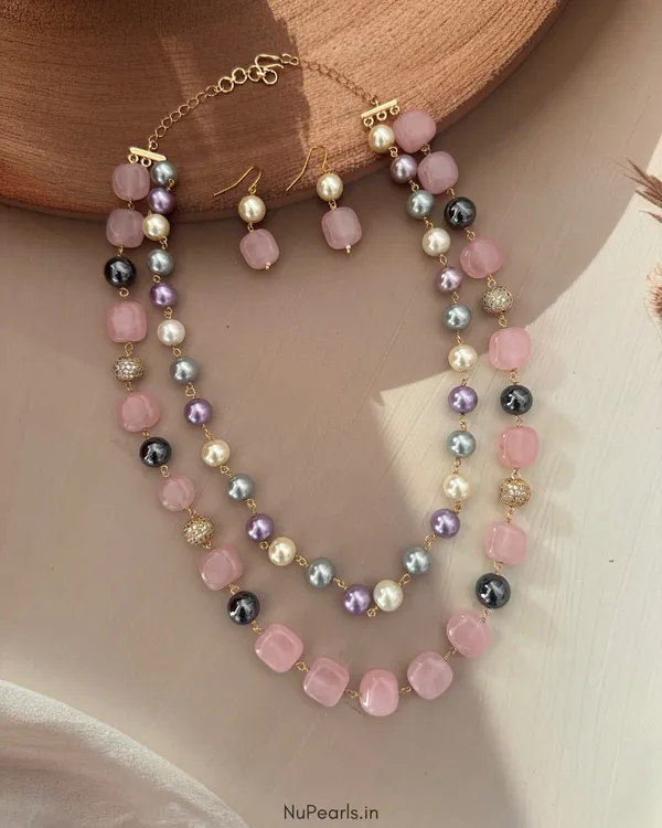 Pink_Samah_Double_Layer_Handmade_Pearl_&_Stone_Mala_With_Earrings