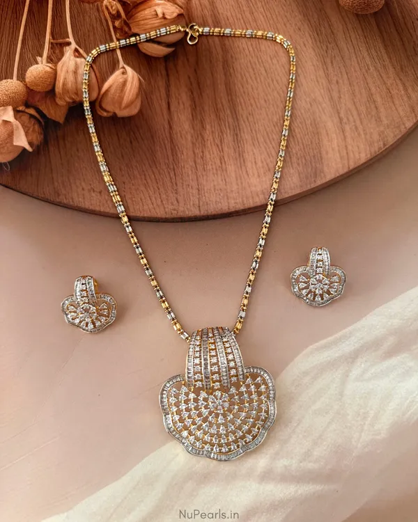 Saz_Gold-Silver_CZ_Pendant_Set_With_Chain|Screw_Back_Earrings