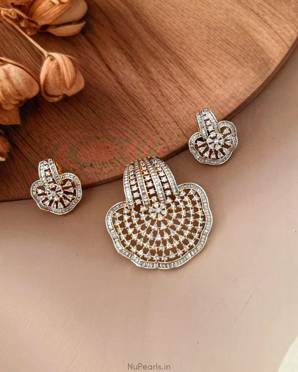 Saz_Gold-Silver_CZ_Pendant_Set_With_Chain|Screw_Back_Earrings
