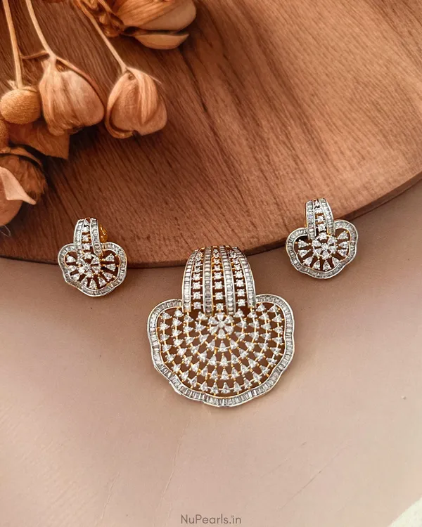 Saz_Gold-Silver_CZ_Pendant_Set_With_Chain|Screw_Back_Earrings
