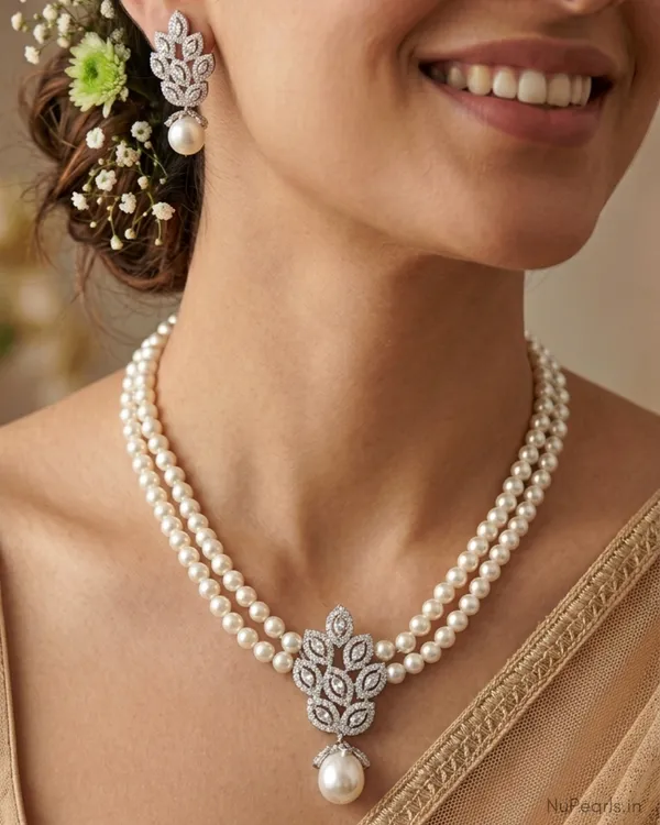 Silver_Amora_AD_Pearl_Necklace_With_AD_Back_Clasp_&_Matching_Earrings_|Rhodium_Plated