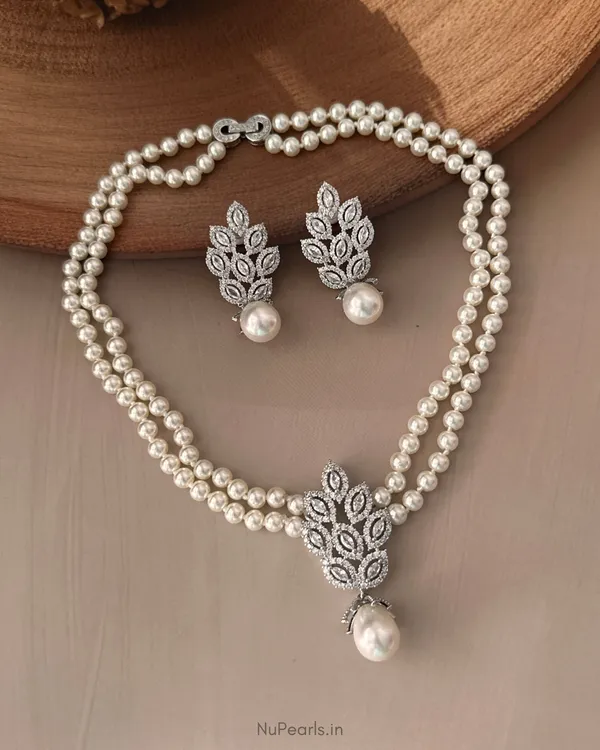 Silver_Amora_AD_Pearl_Necklace_With_AD_Back_Clasp_&_Matching_Earrings_|Rhodium_Plated