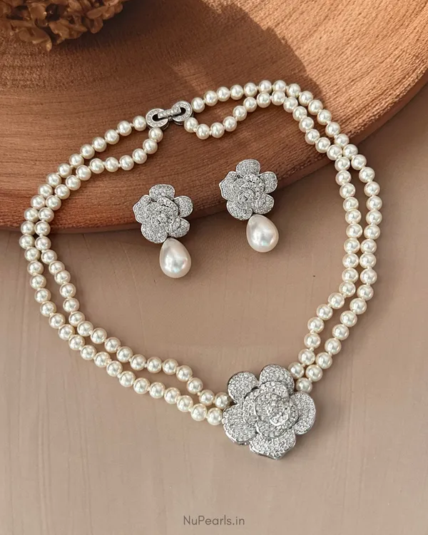 Silver_Cara_AD_Pearl_Necklace_With_AD_Back_Clasp_&__Earrings_|Rhodium_Plated