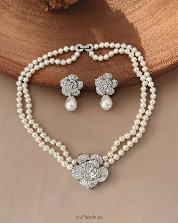 Silver_Cara_AD_Pearl_Necklace_With_AD_Back_Clasp_&__Earrings_|Rhodium_Plated