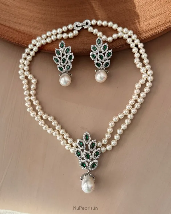 Silver_Green_Amora_AD_Pearl_Necklace_With_AD_Back_Clasp_&_Matching_Earrings_|Rhodium_Plated