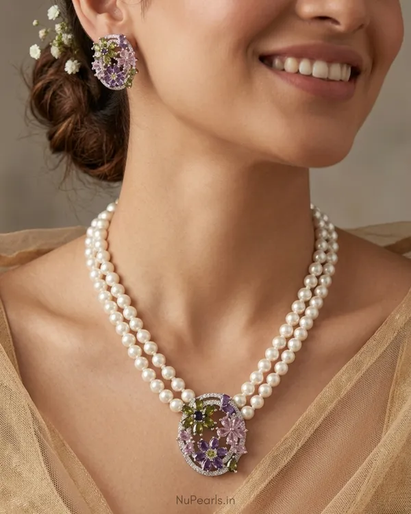 Silver_Multi_Paloma_AD_Pearl_Necklace_With_AD_Back_Clasp_&_Matching_Earrings_|Rhodium_Plated