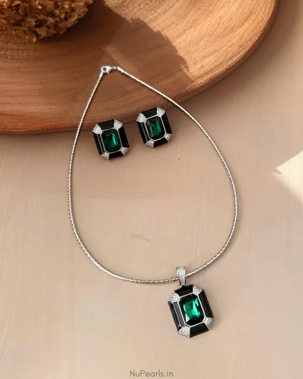 Sloane_Green_Princess_Cut_Stone_Hasli_Necklace_Set|_Premium_Rhodium_Polish