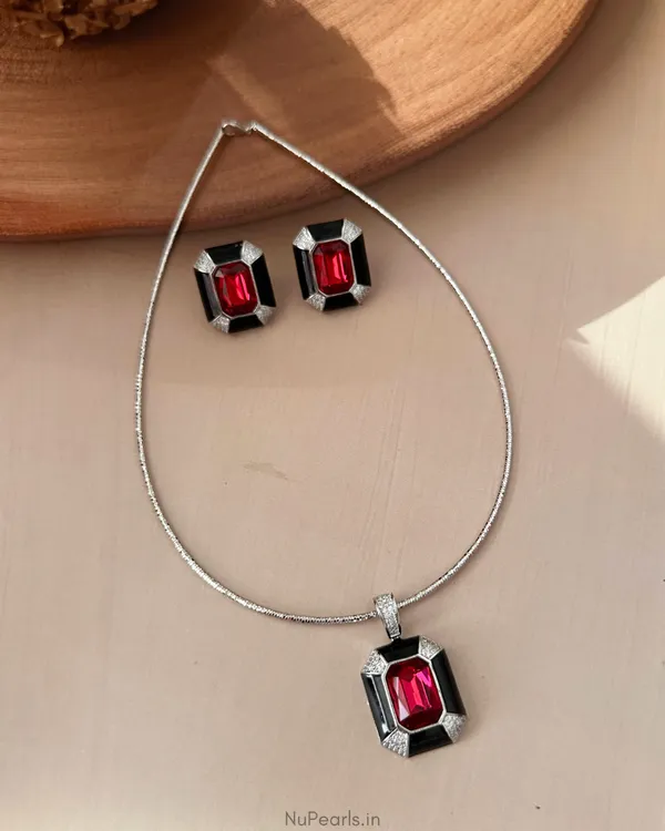Sloane_Red_Princess_Cut_Stone_Hasli_Necklace_Set|_Premium_Rhodium_Polish