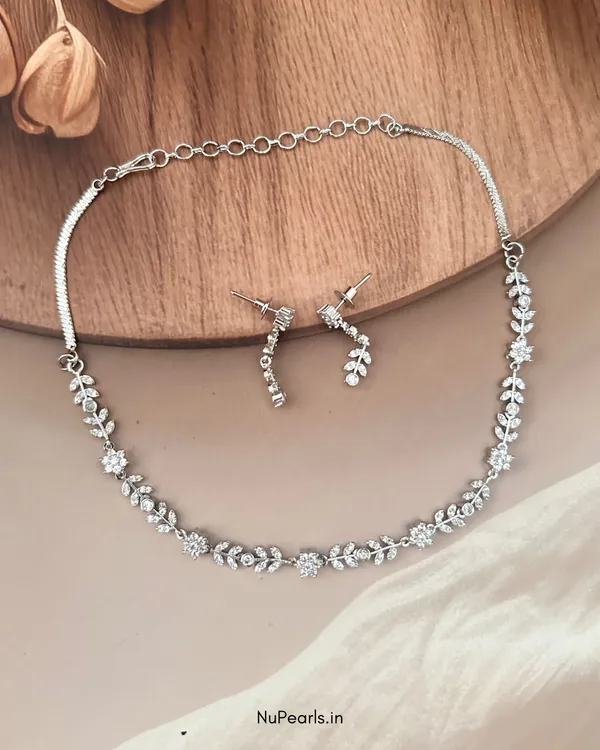 ROSA_Silver_Floral_Necklace_With_CZ_Stone_|_18K_Gold_Plated_Necklace_Set_For_Women