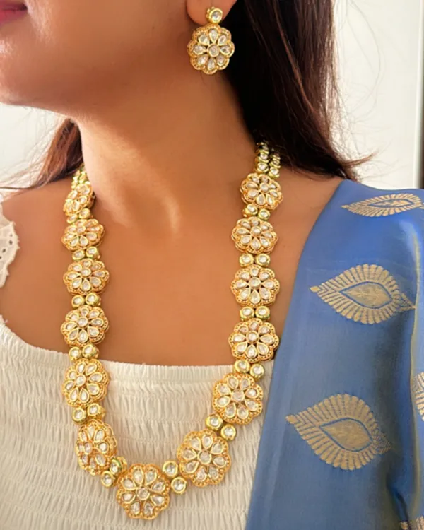 Floral_Kundan_Polki_Rani_Haar_Necklace_Set_For_Women_|18K_Gold_Plated