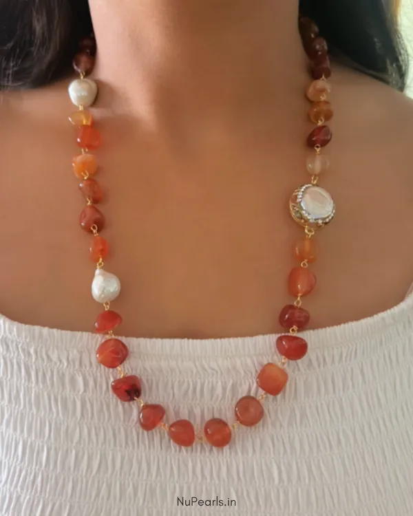 Handmade_Orange_Elisa_Unshaped_Stone_Mala_With_Pearls_And_Pair_Of_Earrings