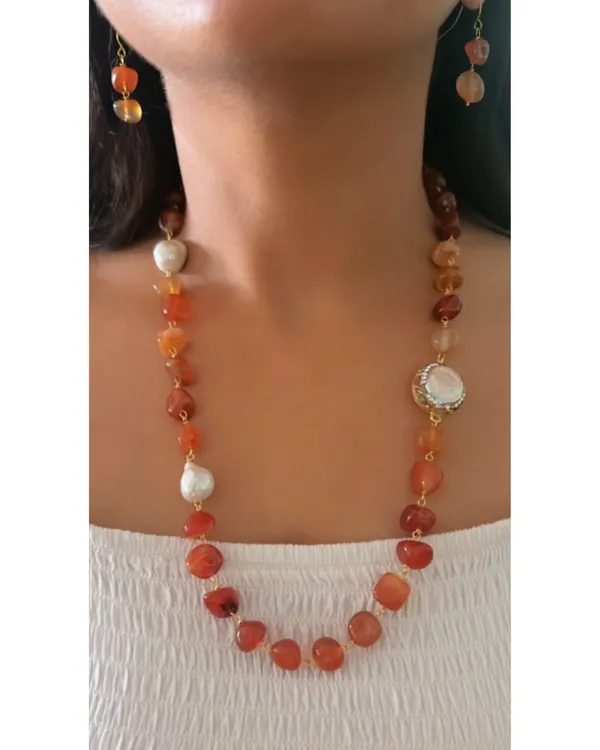 Handmade_Orange_Elisa_Unshaped_Stone_Mala_With_Pearls_And_Pair_Of_Earrings