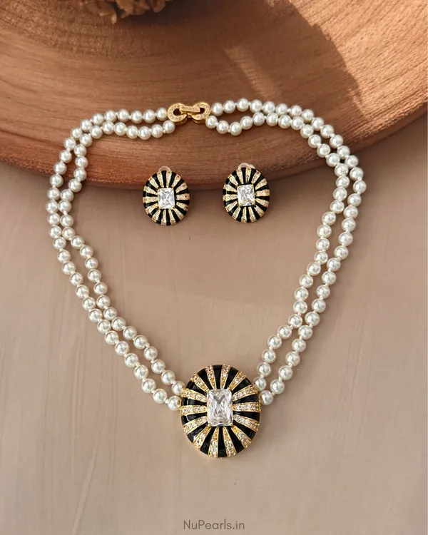 White_Black_AD_Ida_Enamel_Pearl_NecklaceWith_AD_Back_Clasp_&_Matching_Earrings_|18k_Gold_Plated