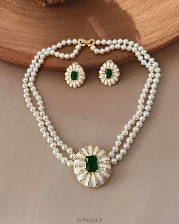White_Green_AD__Ida_Enamel_Pearl_NecklaceWith_AD_Back_Clasp_&_Matching_Earrings_|18k_Gold_Plated