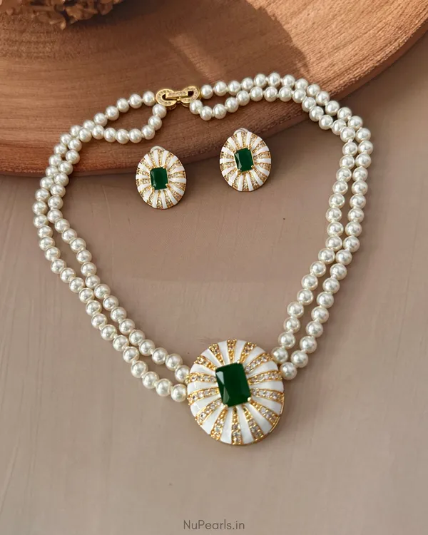 White_Green_AD__Ida_Enamel_Pearl_NecklaceWith_AD_Back_Clasp_&_Matching_Earrings_|18k_Gold_Plated