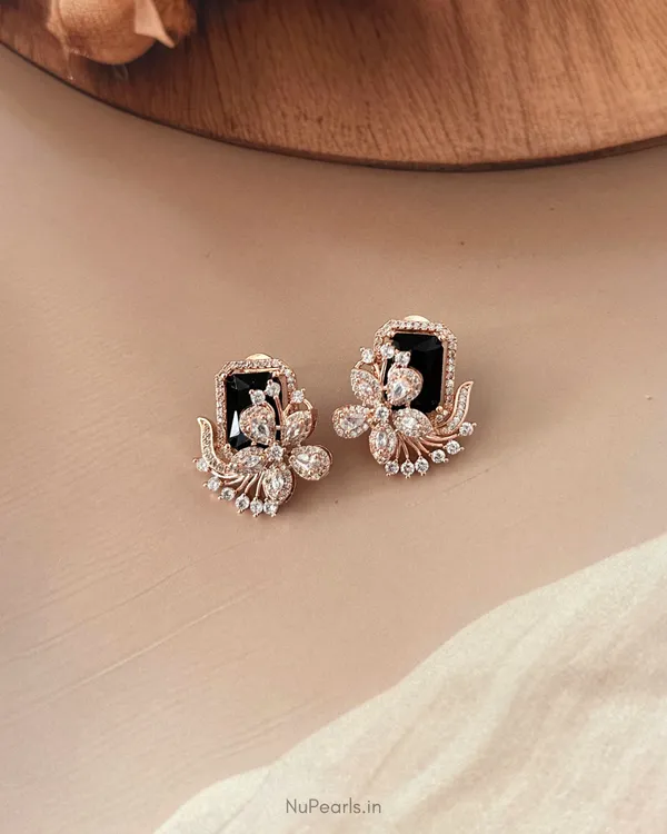Black_Floral_Studs_|_18k_Rose_Gold_Plated_American_Diamond_Studded_Party_Earrings